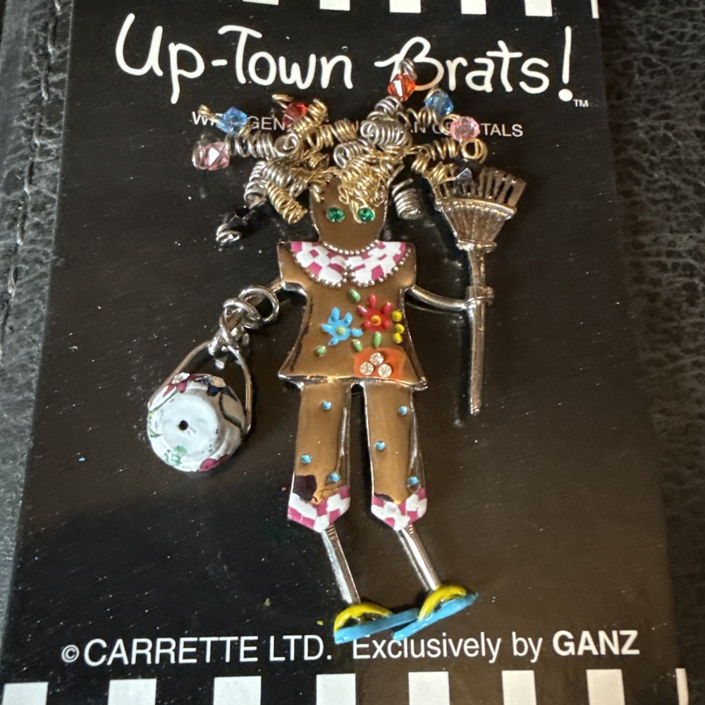 Up-town Brats! Carrette by Ganz Gardening Theme Pin Brooch Pendant Articulated